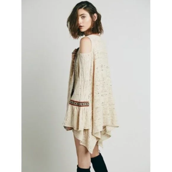 Free People Beige Crochet Cold Shoulder Bell Slv Asymmetrical Tunic Mini Dress - Picture 8 of 16